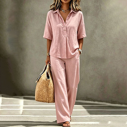 👗Ensemble femme composé d'une blouse boutonnée et d'un pantalon à jambes larges – Une tenue chic en deux pièces ✨