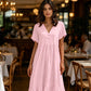 Robe midi femme à col V manches courtes et volants