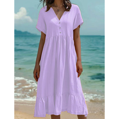 Robe midi femme à col V manches courtes et volants