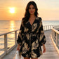 Robe d'été pour femme à col en V et manches flottantes, avec cordon de serrage