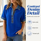 Chemise femme en denim à col en V et manches courtes