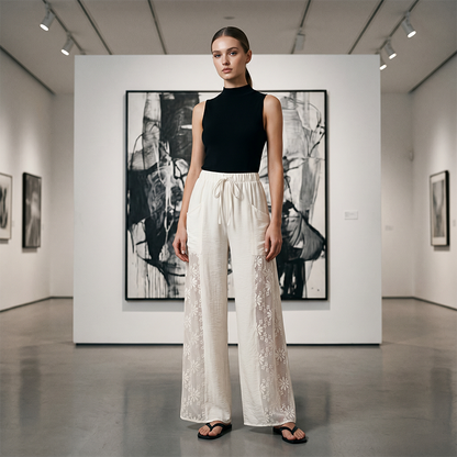 Pantalon fluide en dentelle pour femme avec cordon de serrage
