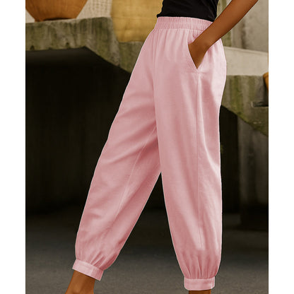 Pantalon décontracté unie pour femme, avec revers aux chevilles
