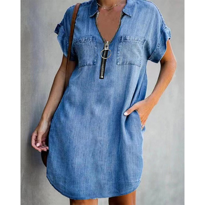 🔥-52%👗 Robe Chemise Jean Femme Décontractée – Col Rabattu Manches Courtes Poches Intégrées🌿 pour le quotidien