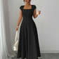 Robe longue élégante à col carré, coupe trapèze ajustée pour femme