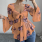 Chemisier femme à imprimé floral, encolure carrée et noué sur le devant