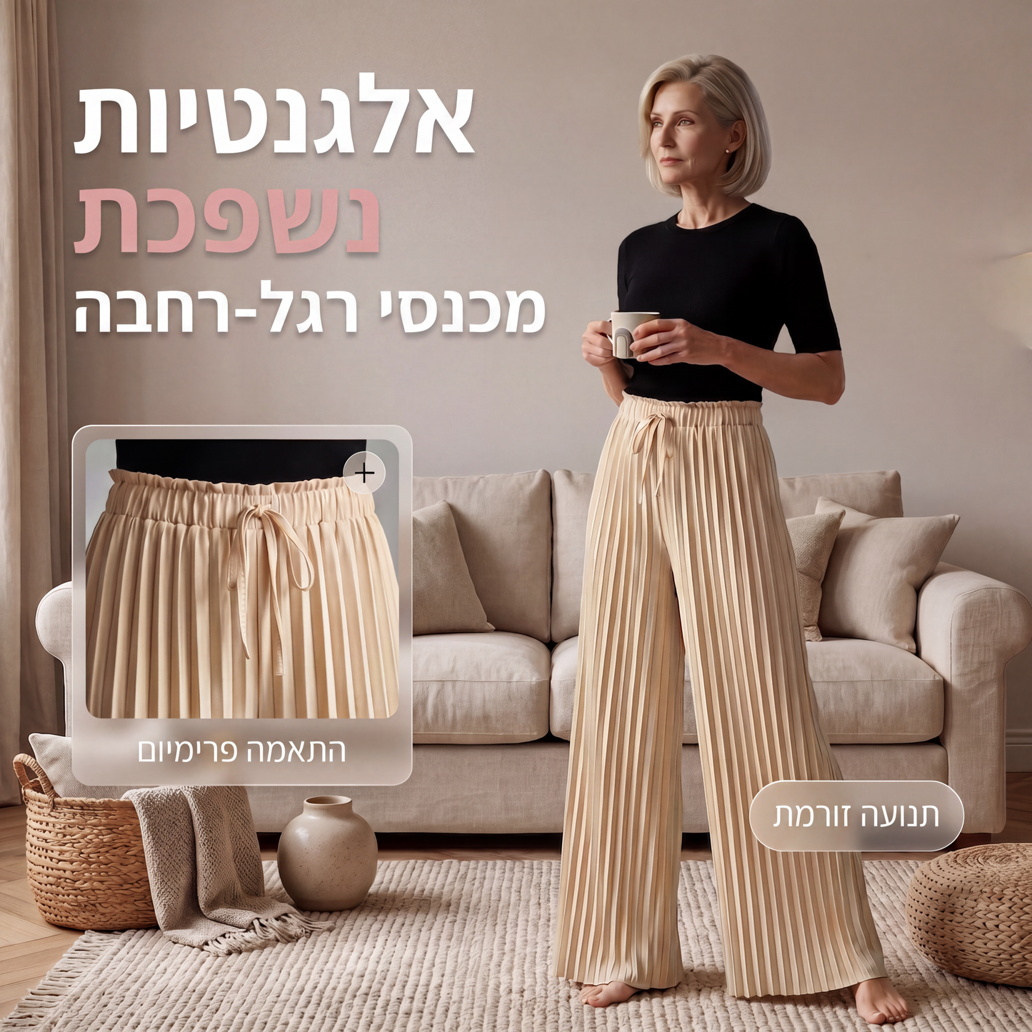 מכנסיים רחבים עם קיפולים וחוט משיכה במותן