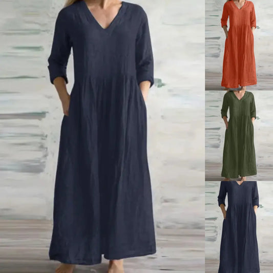 Robe plissée à manches mi-longues en coton et lin à col en V pour femmes