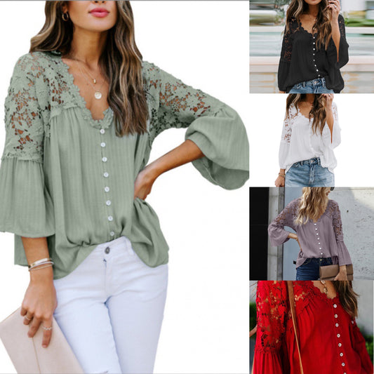 Boho Chic V Neck Floral Lace Blouse